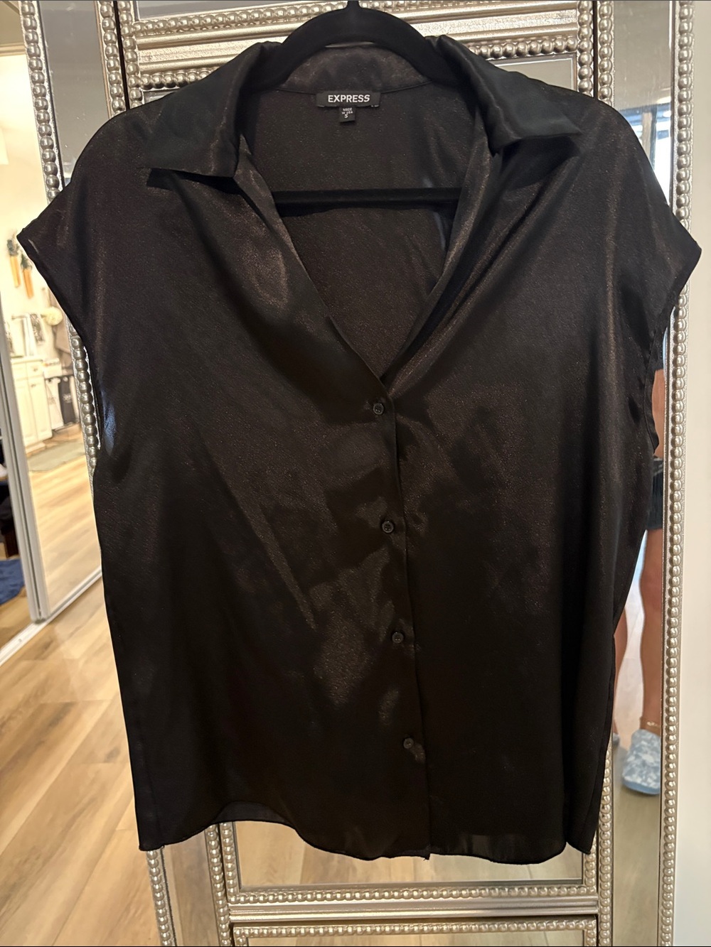 Express Black Satin-Blend Short-Sleeve Button Down Shirt